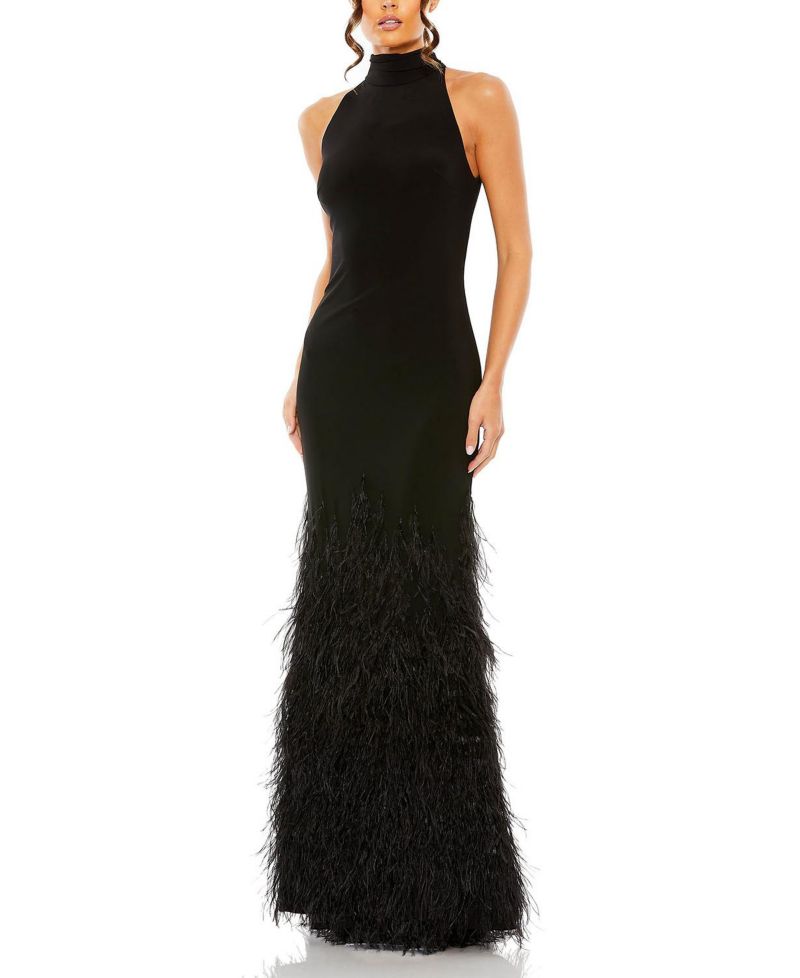 Women's Jersey Halter Gown with Feather Tiered Detail