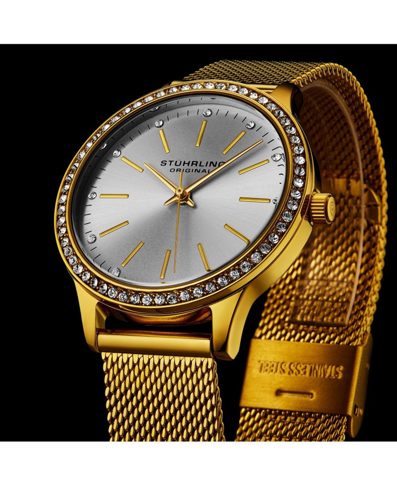 Women's Quartz Crystal Studded Gold Case and Gold Mesh Bracelet, Silver Dial, Gold Hands and Markers Watch