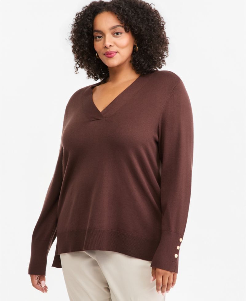 Plus Size High-Low Hem V-neck Sweater