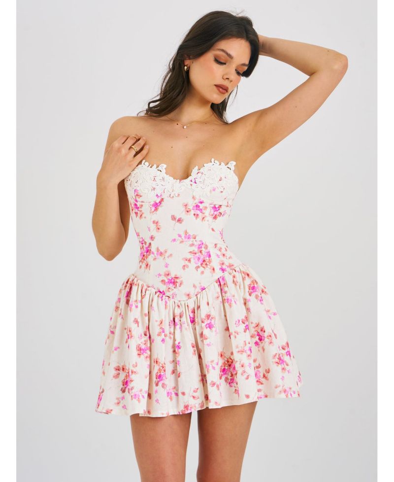Women's Samara Floral Drop Waist Linen Corset Puffy Mini Dress