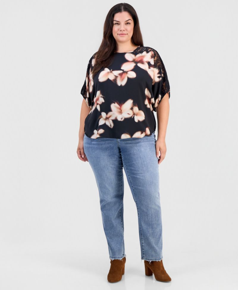 Plus Size Inset Lace Dolman Floral Blouse