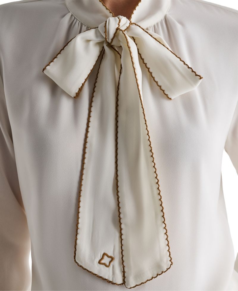 Women's Tie-Neck Embroidered Back-Keyhole Blouse
