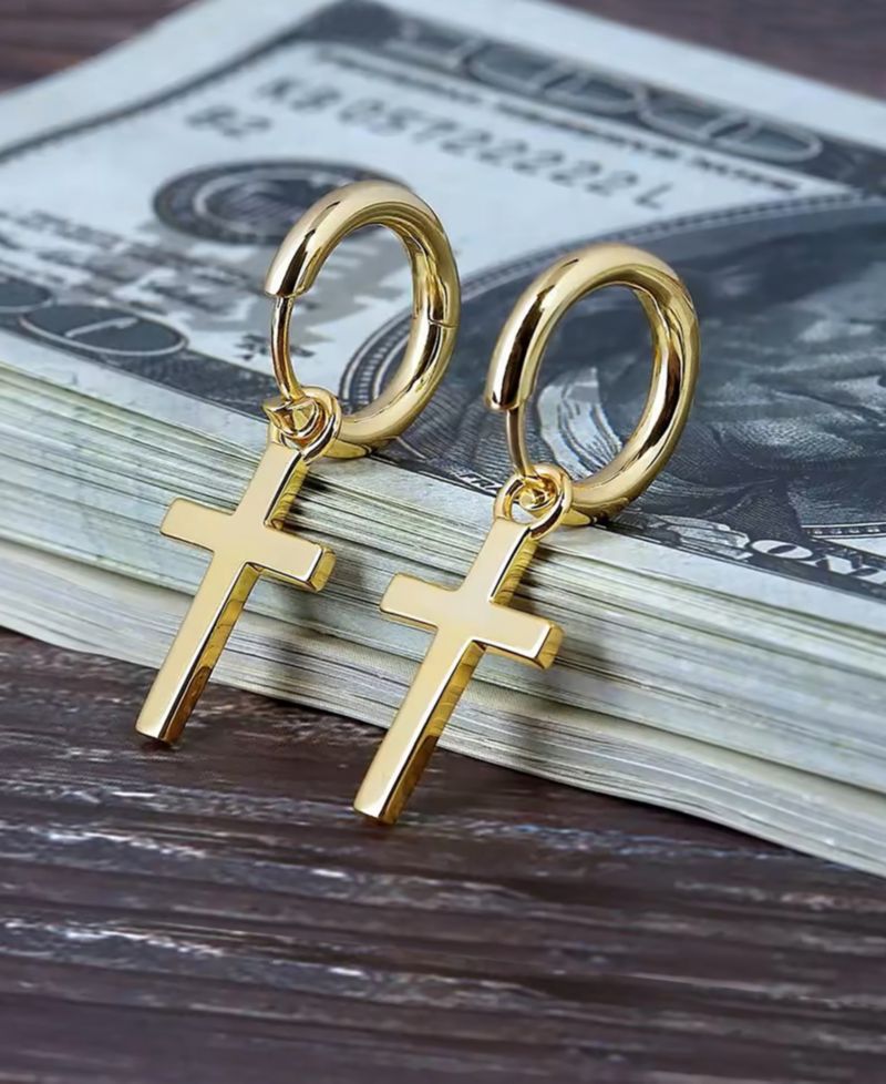 Men's Classic Cross Hoop Earrings in Sterling Silver
