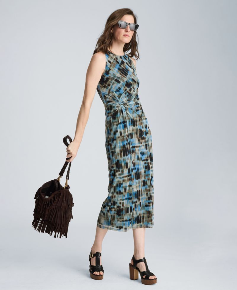 Women's Twist Front Mesh Printed Midi Dress