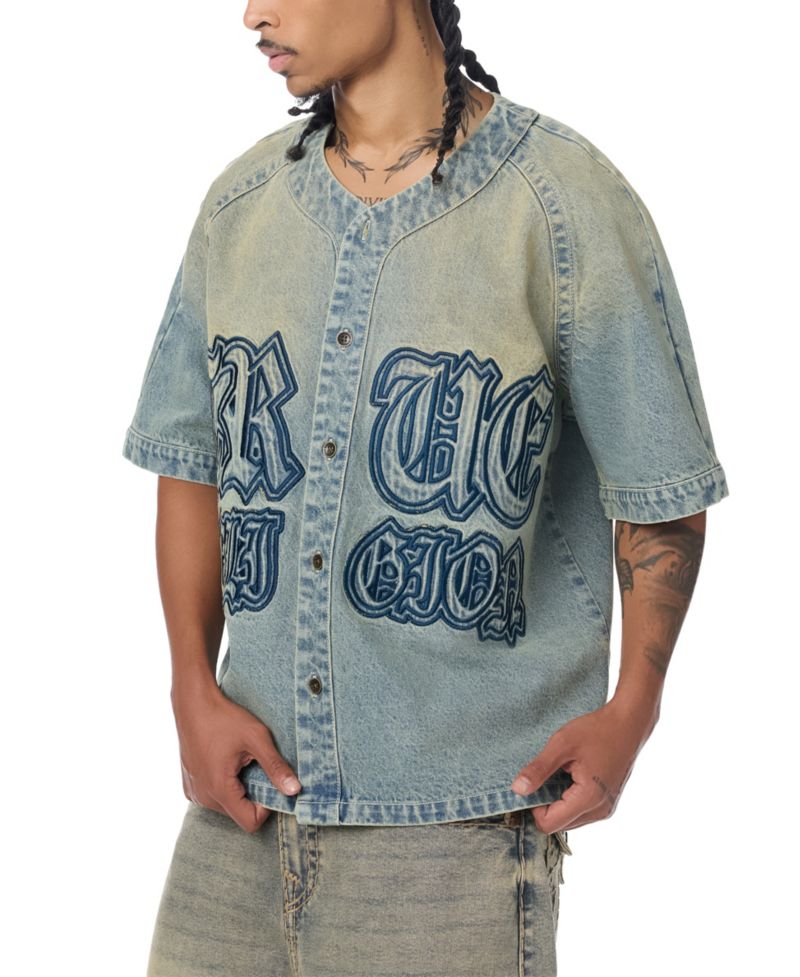 Men's Short-Sleeve Raglan Denim Baseball Shirt