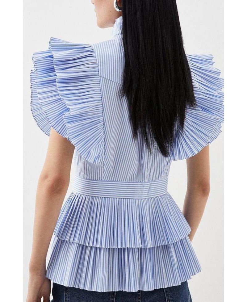 Women's Sleeveless Striped Pleated Ruffle Blouse