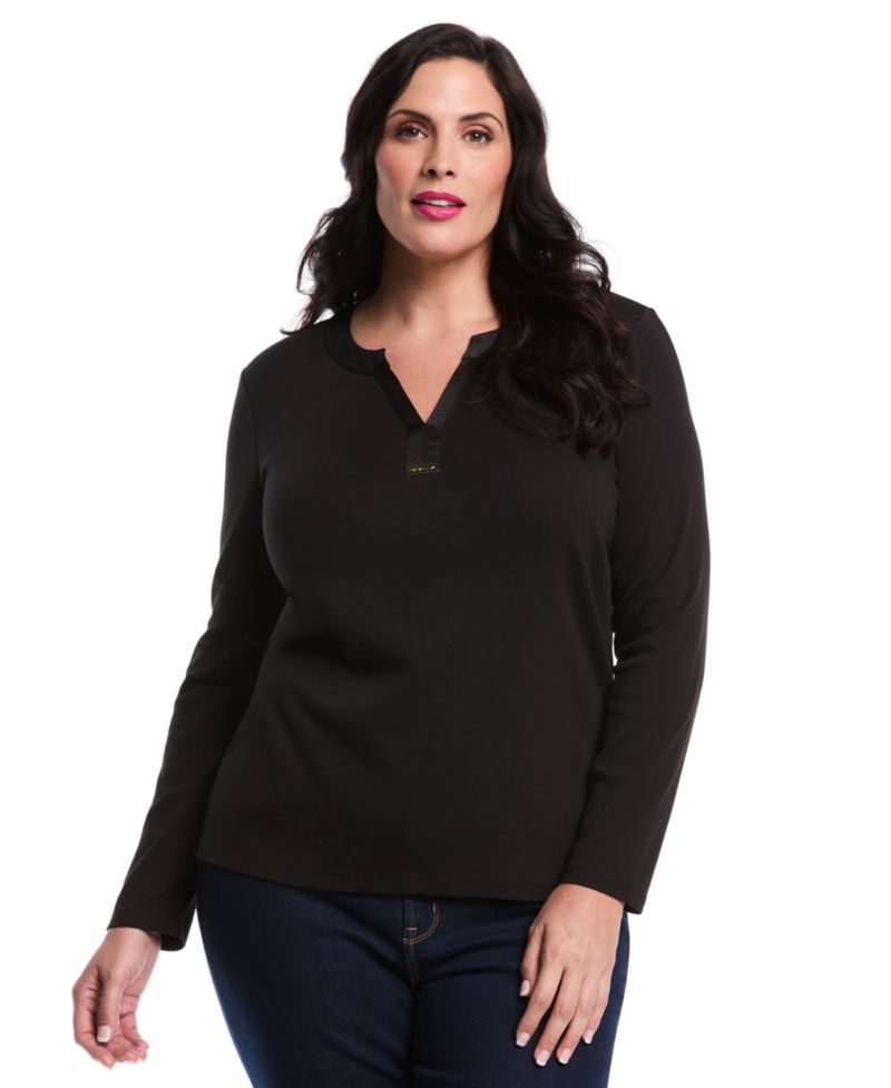 Plus Size Woven Trim Split V-Neck Long Sleeve Top