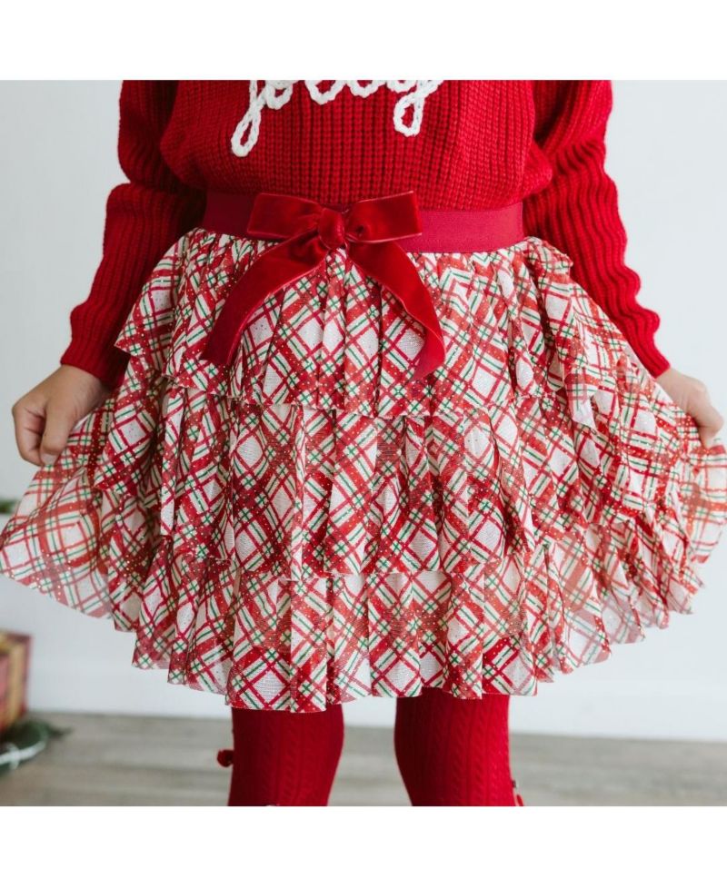 Little and Big Girls Christmas Plaid Bow Tiered Tutu Skirt