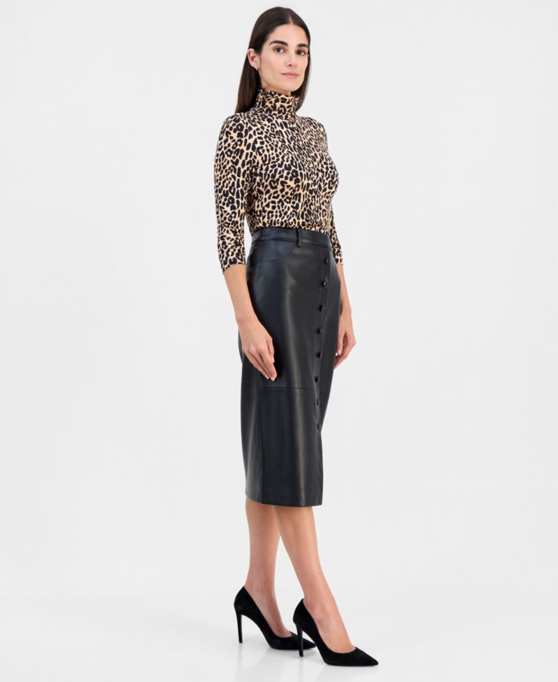 Women's Faux-Leather Button-Front Slim Skirt
