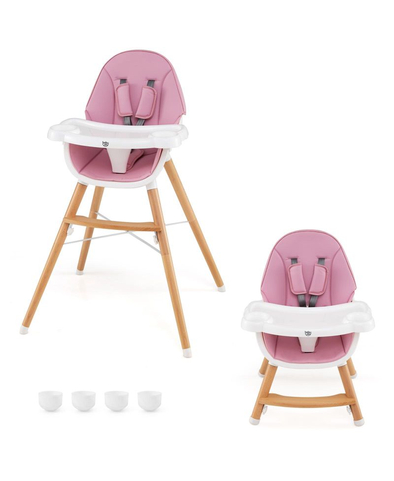 Toddler Baby High Chair Wooden Feeding Chair with 4-Gear Tray and Removable Cushion