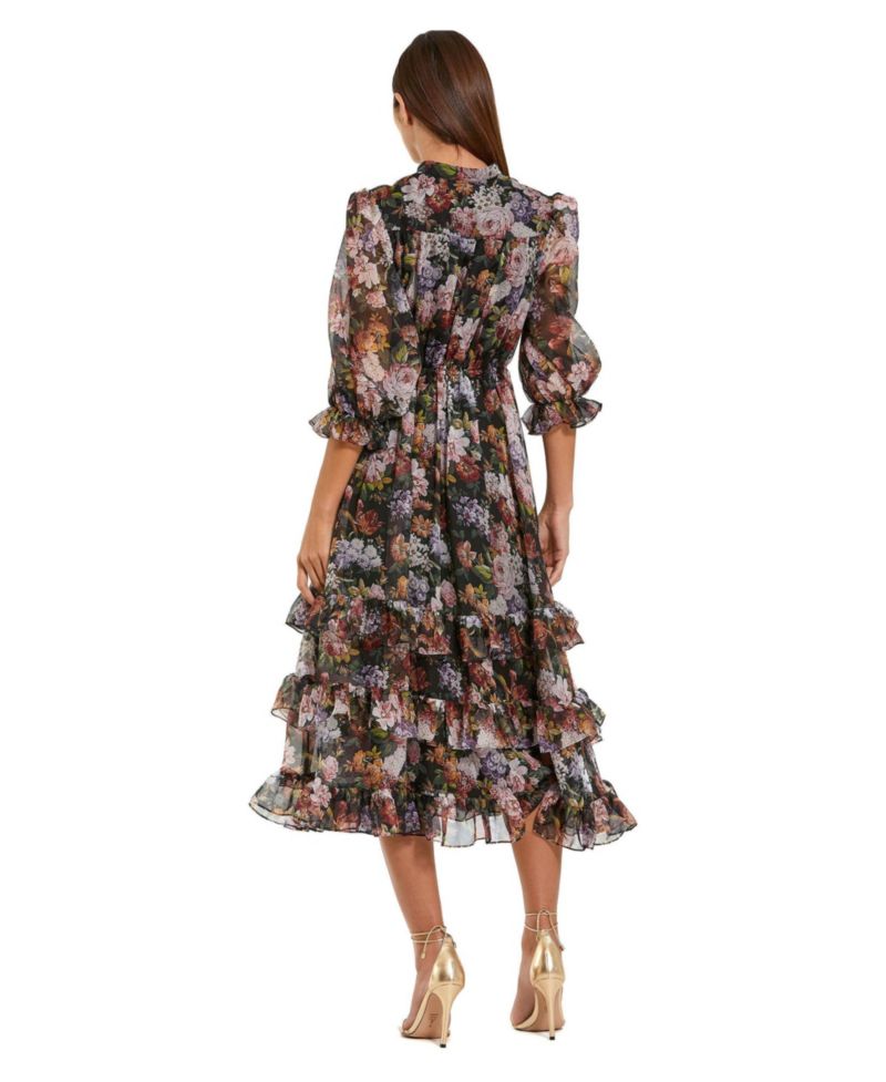 Women's Chiffon 3/4 Sleeve A Line Midi Dress With Ruffles