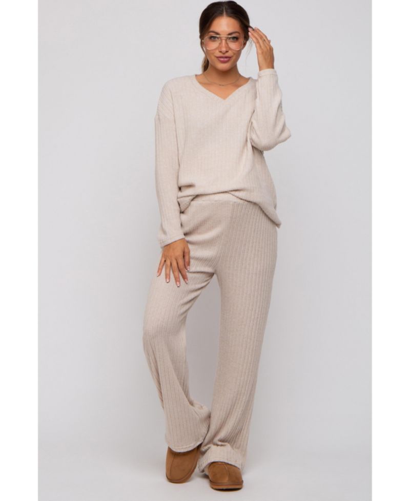 Women's Light Blue Ribbed Soft Knit Long Sleeve Pajama Set