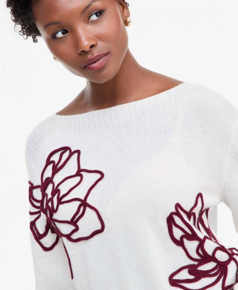Petite Bold Floral Embroidery Cashmere Sweater