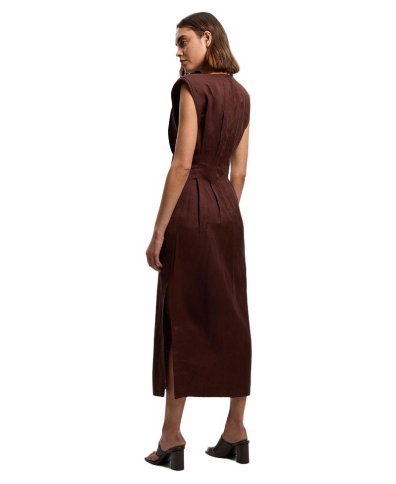 Women's Linen Blend Pintuck Midi Dress
