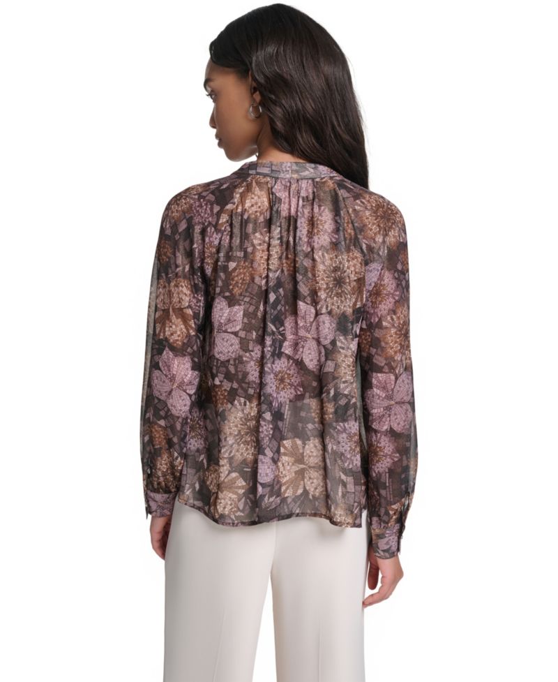 Women's Tie Neck Sheer Floral Blouse