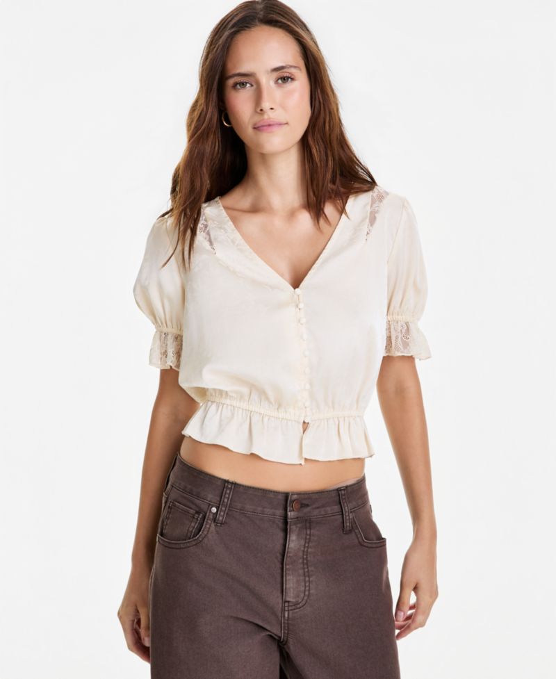 Women's Satin Puff-Sleeve V-Neck Top