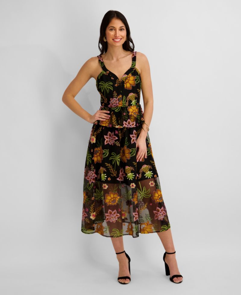 Women's Embroidered Mesh V-Neck Midi Dress