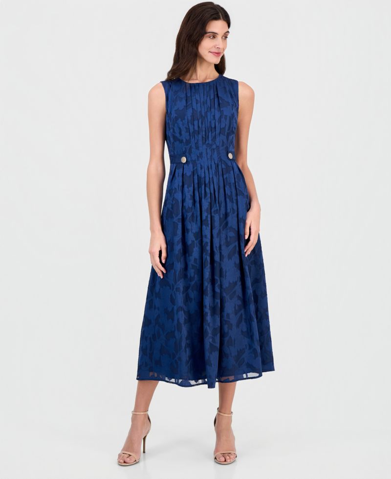 Women's Pleated-Front Button-Tab Scoop Neck A-Line Midi Dress