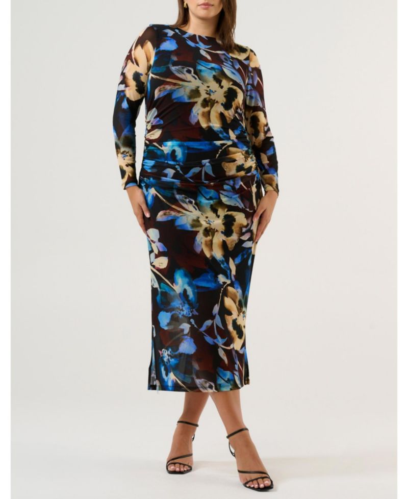 Women's Cleo Floral Mesh Ruched Bodycon Midi Dress