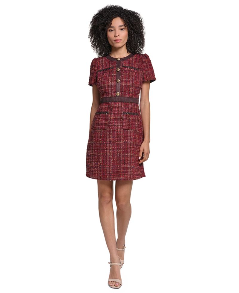 Women's Short-Sleeve Tweed Crewneck Sheath Dress