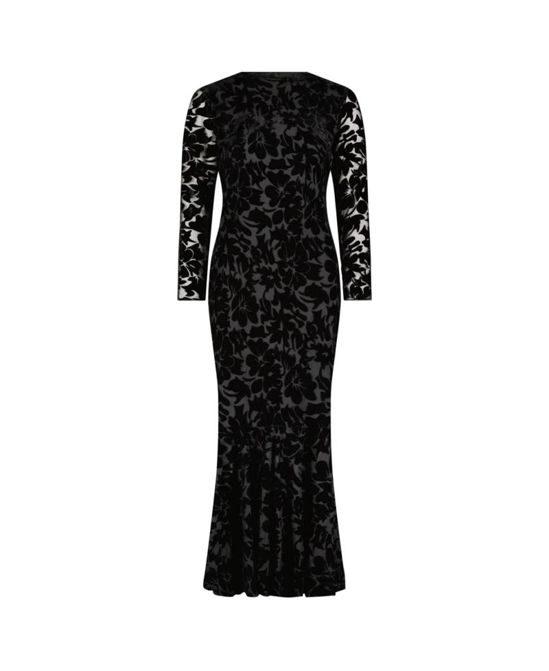 Women's Burnout Velvet Long Sleeve Ruffle Hem Midi Dress