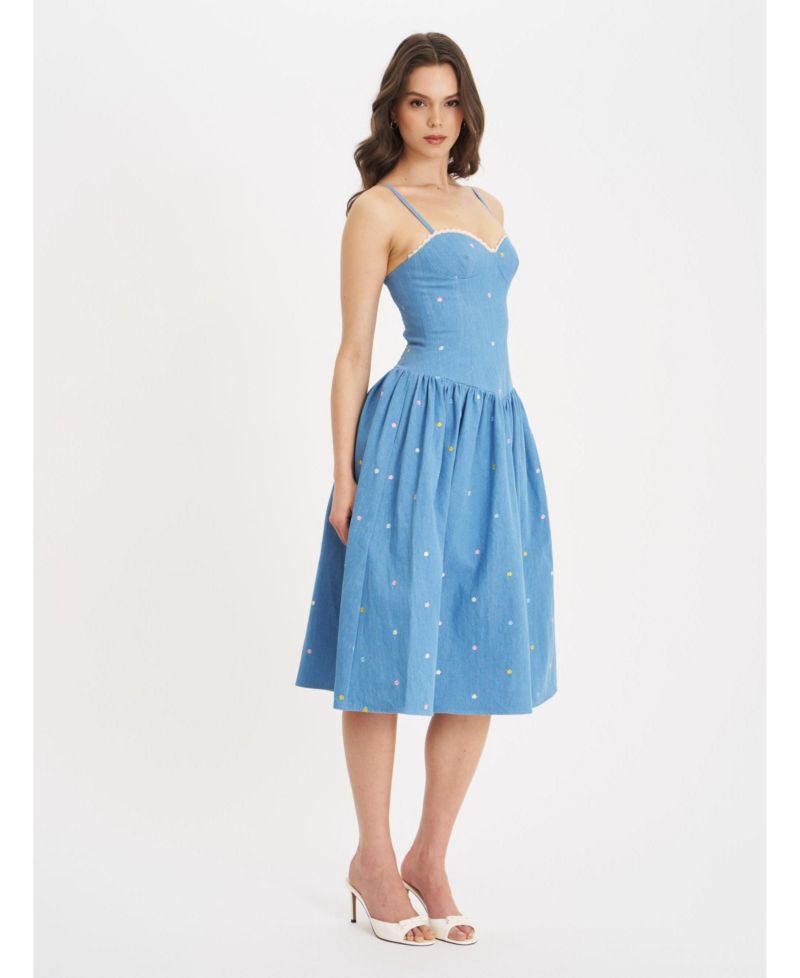 Women's Zadie Cotton Denim Drop Waist Embroidery Flower Midi Dress