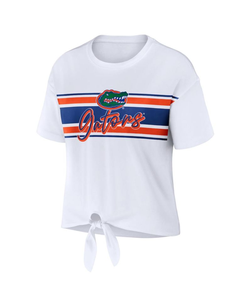 Women's White Florida Gators Striped Front Knot Cropped T-shirt
