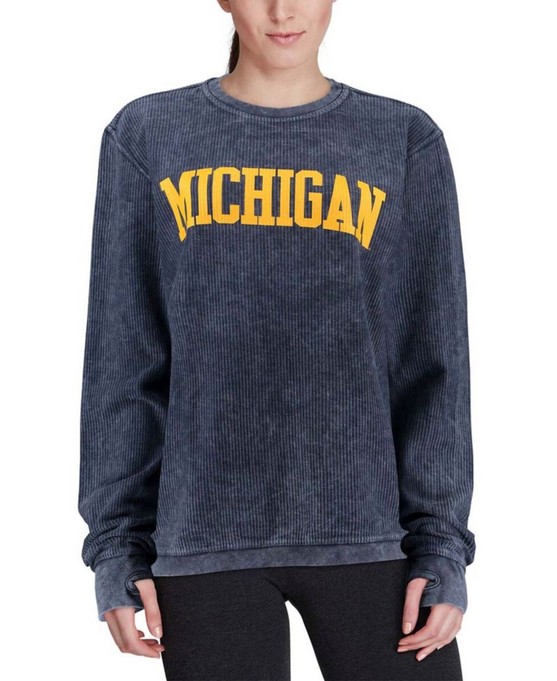 Women's Navy Michigan Wolverines Comfy Cord Vintage-Like Wash Basic Arch Pullover Sweatshirt