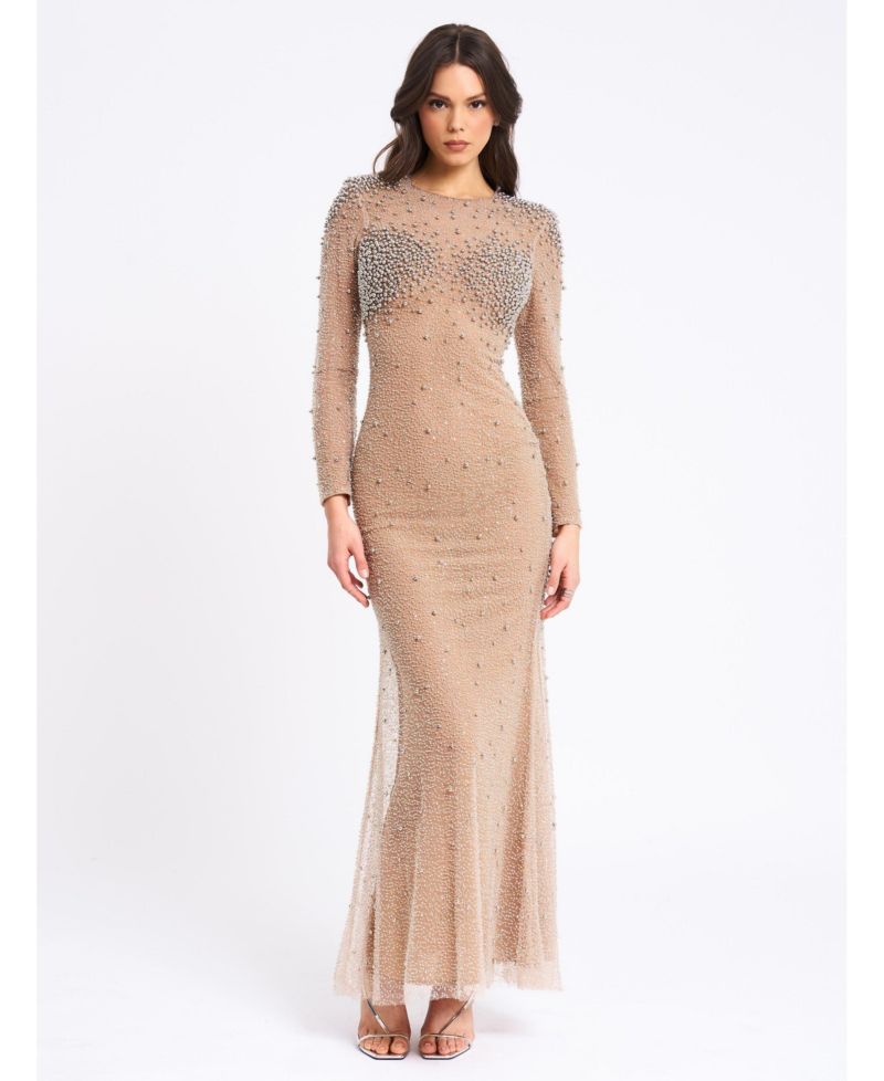 Women Rita Embroidered Mesh Silver Beaded Mermaid Gown