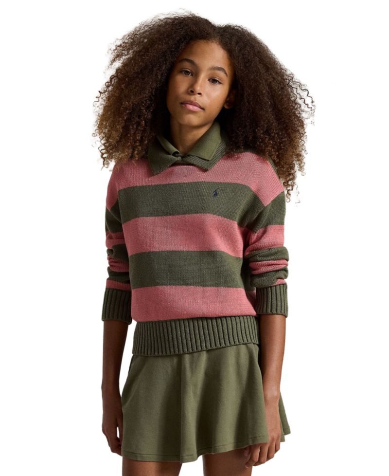 Girls' 7-16 Striped Long-Sleeve Polo Sweater