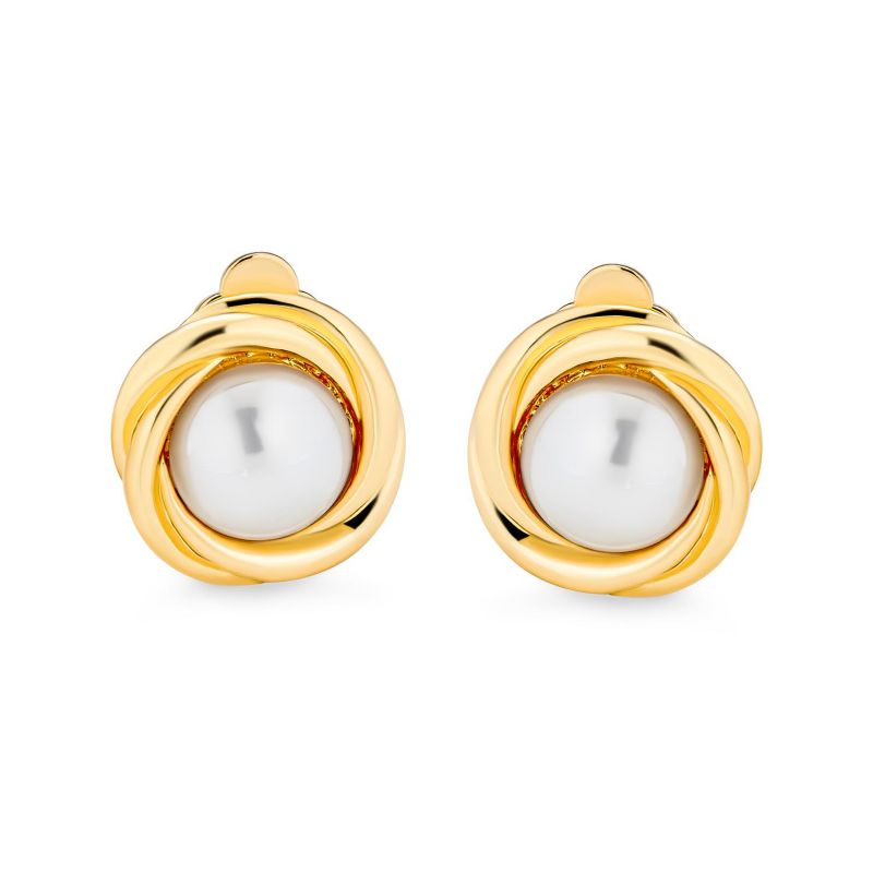 Classic Faux White Pearl Clip On Earrings Cable Bezel Set Gold Plated