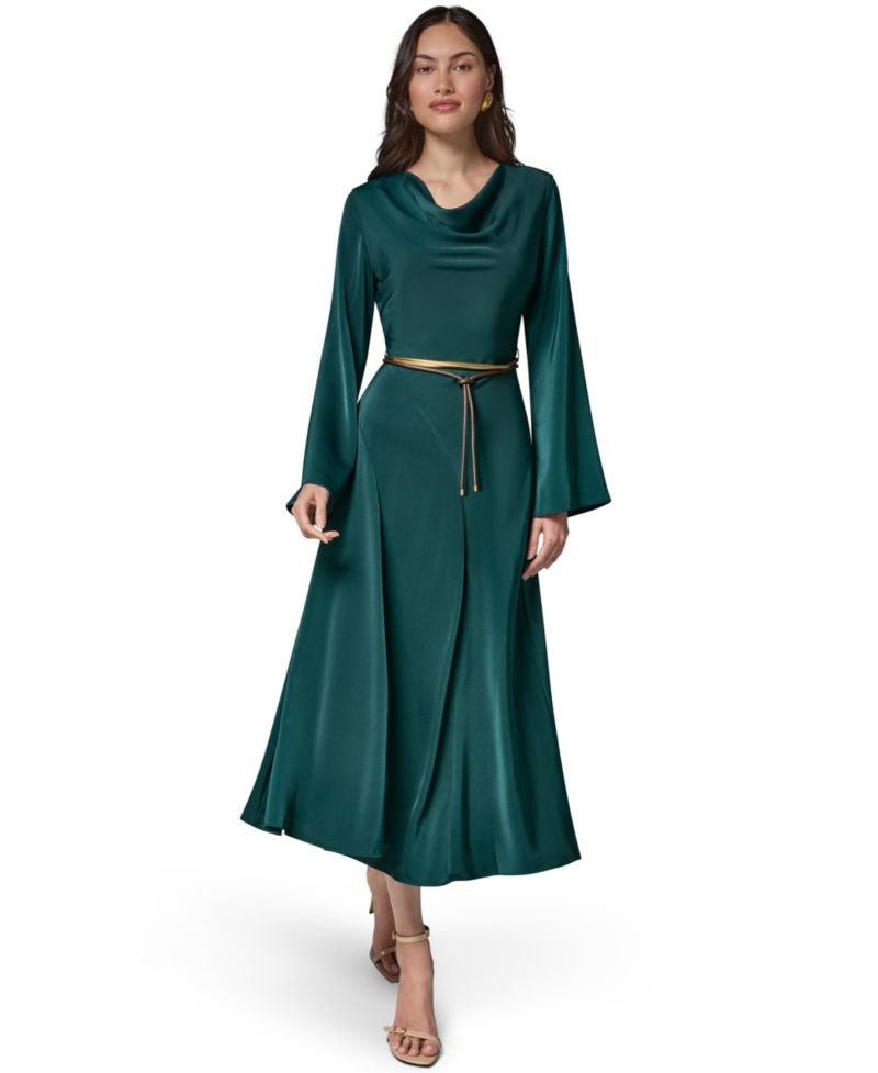 Satin Long-Sleeve Cowl Neck Belted A-Line Dress