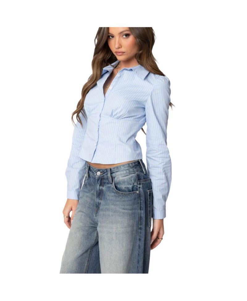 Women's Tailored Pinstripe Button Up Shirt
