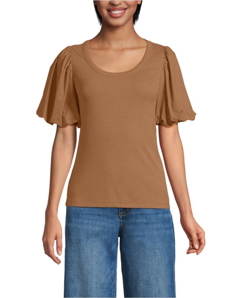 Women's Drapey Rib Puff Sleeve Scoop Neck Top