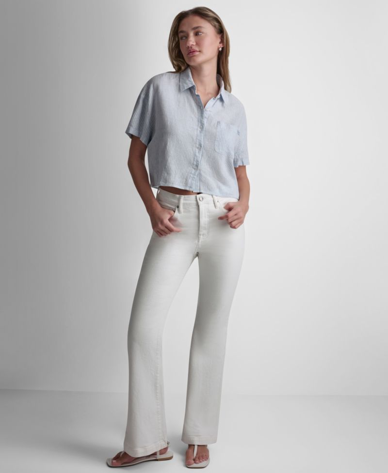 Petite Oversized Linen-Blend Cropped Short Sleeve Shirt