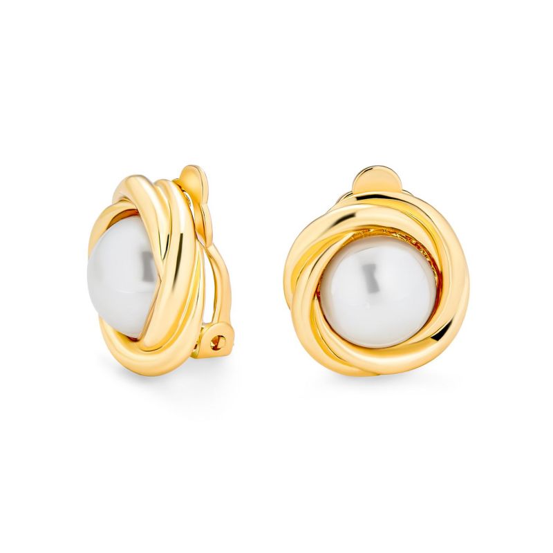 Classic Faux White Pearl Clip On Earrings Cable Bezel Set Gold Plated
