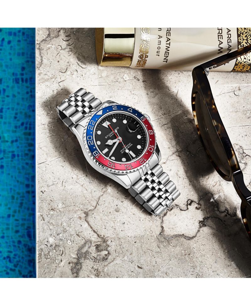 Meridian 3968 Men s GMT Diver Watch - Quartz Movement, 42mm Stainless Steel Case, Black Dial, Red/Blue Bezel