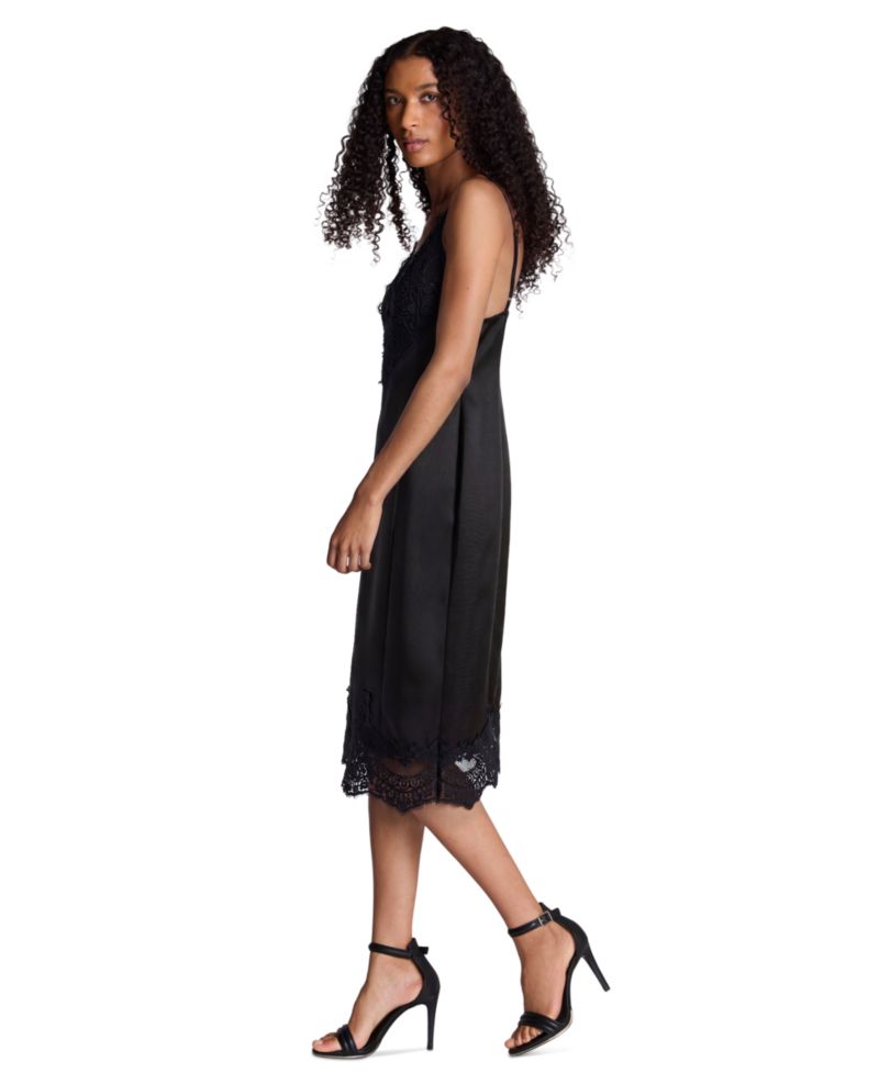 Women's Contrast Lace Trim V-Neck Midi Dress