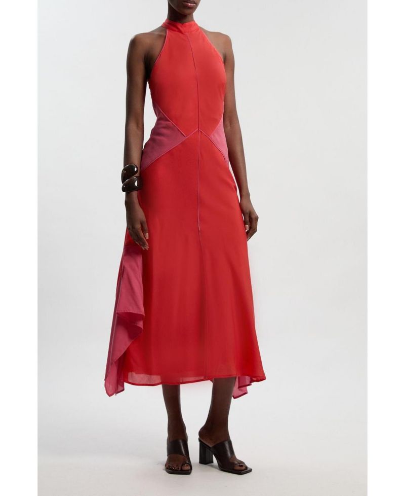 Women's Block Halter Midi A-Line Dress