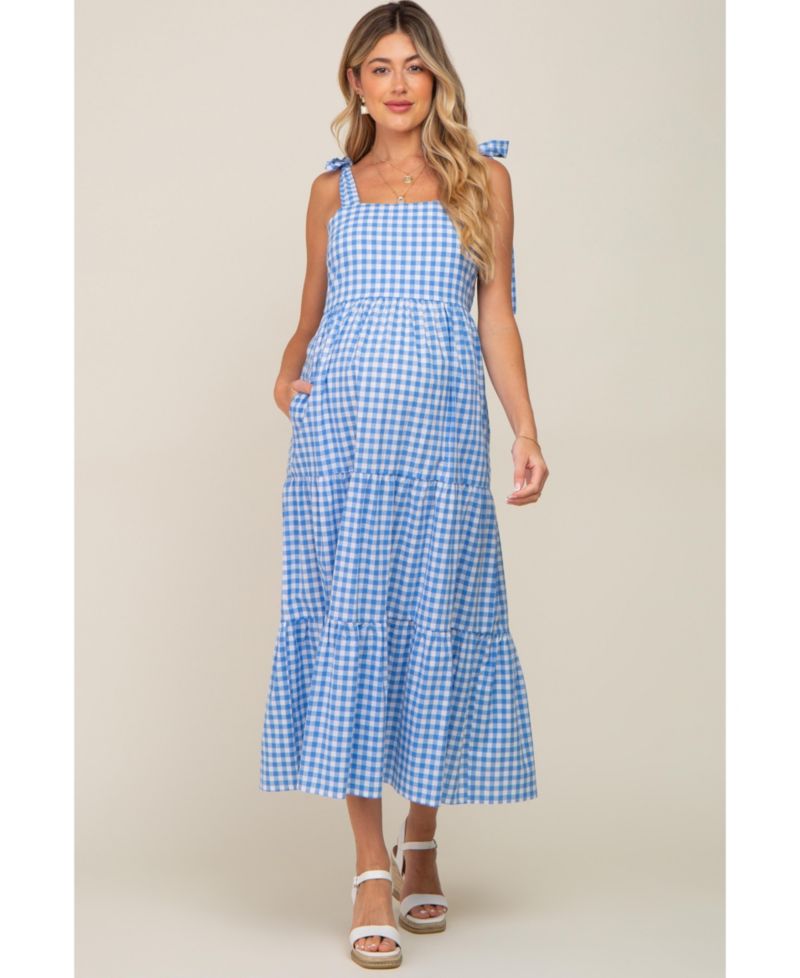 Women's Blue Checkered Sleeveless Tiered Maxi Dress