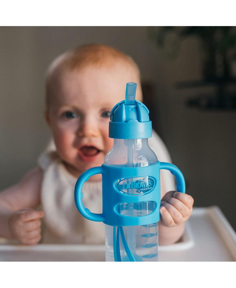 Baby Narrow Sippy Straw Bottle with 100% Silicone Handles, 8oz, Blue
