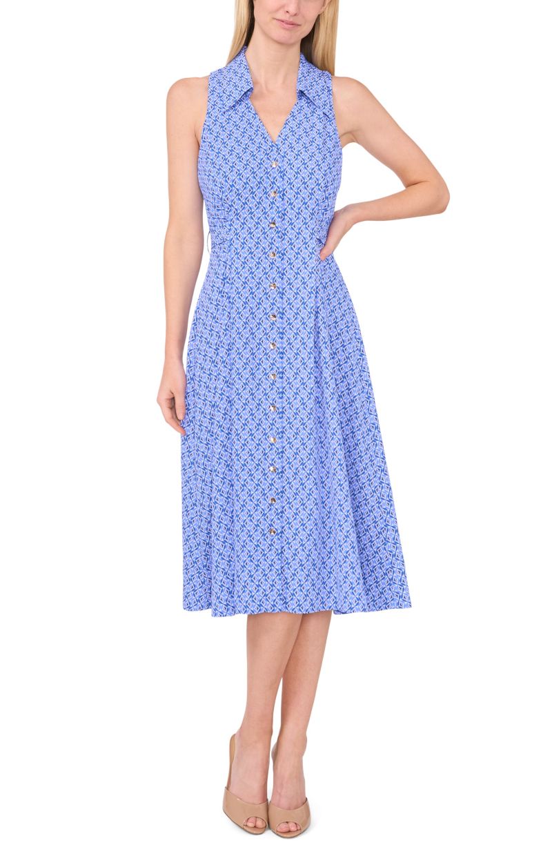 Women's Sleeveless V-Neck Belted Waist Midi Shirt Dress