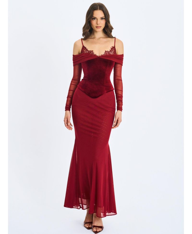 Women's Maybelle Magenta Bardot Lace Strap Peplum Maxi Dress