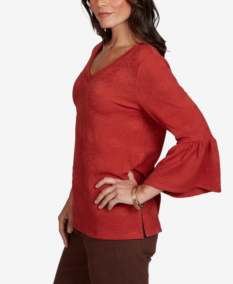 Petite V-Neck Floral-Print Bell-Sleeve Top