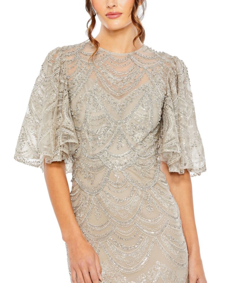 Women's Embellished Flutter Sleeve High Neck Gown