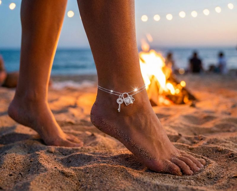 Romantic Key to Her Heart, Lock, Key Charm Anklet Double Strand Ankle Bracelet .925 Sterling Silver