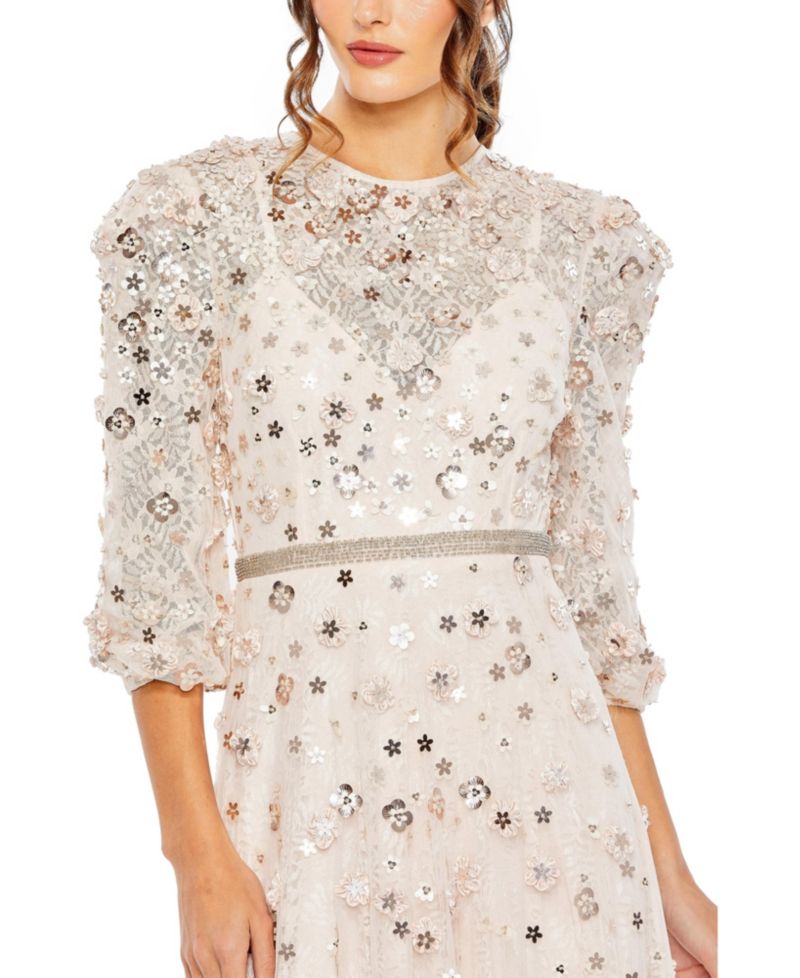 Women's Floral Applique Puff Sleeve High Neck A-Line Gown