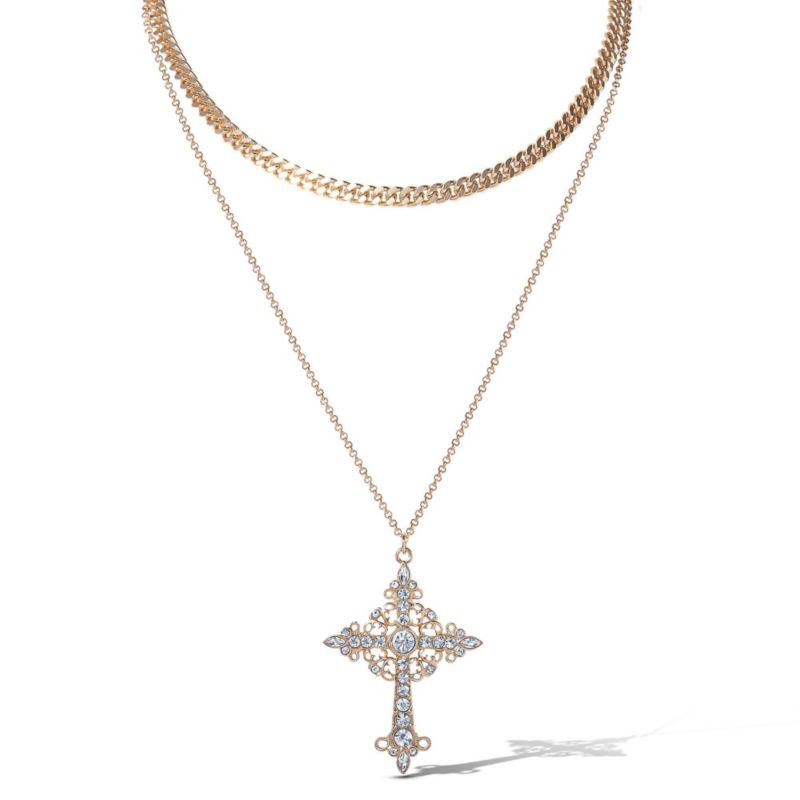 Gold-Tone Rhinestone Cross and Curb Chain Necklace Set
