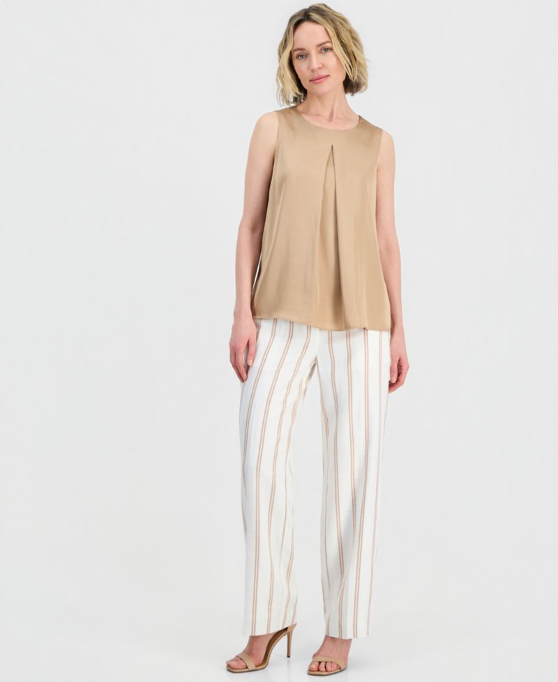 Women's Striped Linen Blend 3/4-Sleeve Double-Breasted Blazer, Pleated Satin Top & Striped Linen Blend Clean-Waist Pants