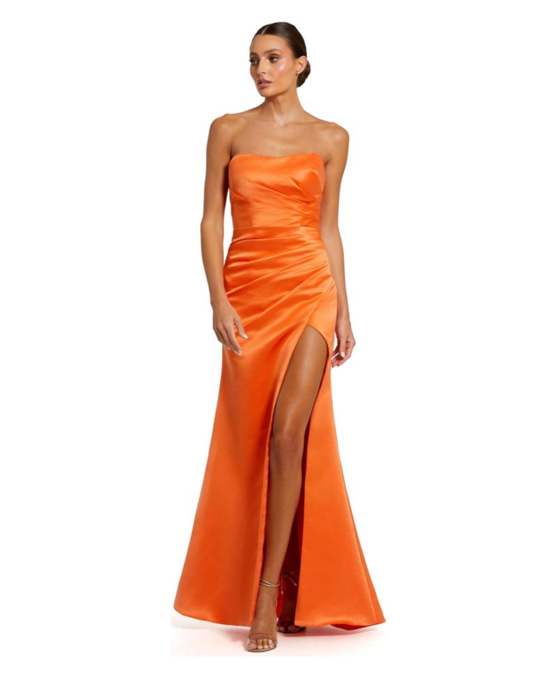 Women's Strapless Gathered High Slit Gown